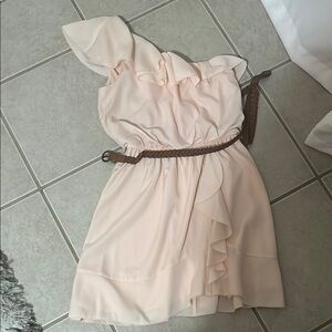 Elegant Pink Ruffle Dress with Brown Belt